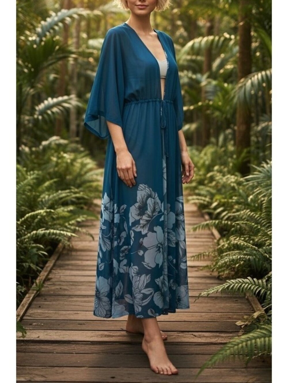 Jantzen Blue Sheer Floral Swim Cover-Up Maxi Dress Tie Front Size S NWT